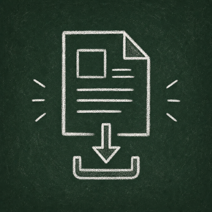 Chalk drawing of a document file with a download arrow.